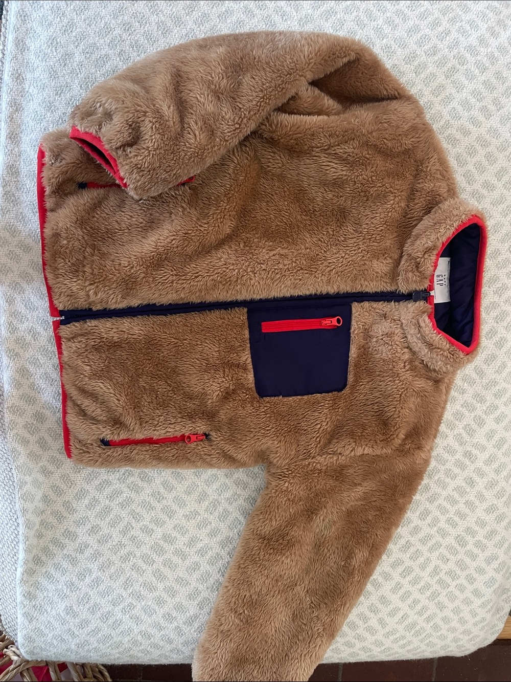 GAP Reversible Brown Faux-Fur Puffer Jacket with Navy Pocket and Red Trim